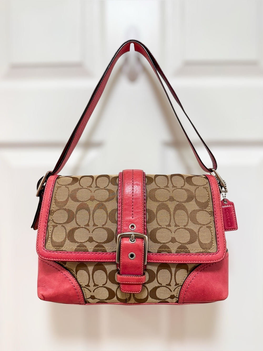 Coach Soho Buckle Flap Shoulder Bag Khaki Pink Jacquard Leather F12641